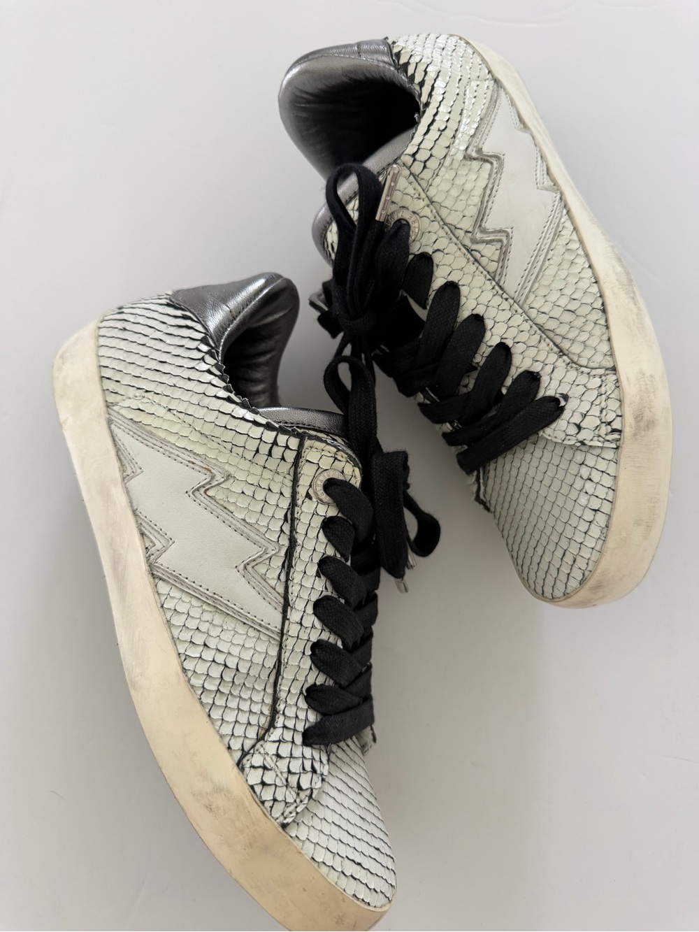 Zadig & Voltaire White Snake-Print Leather Sneakers with Black Laces